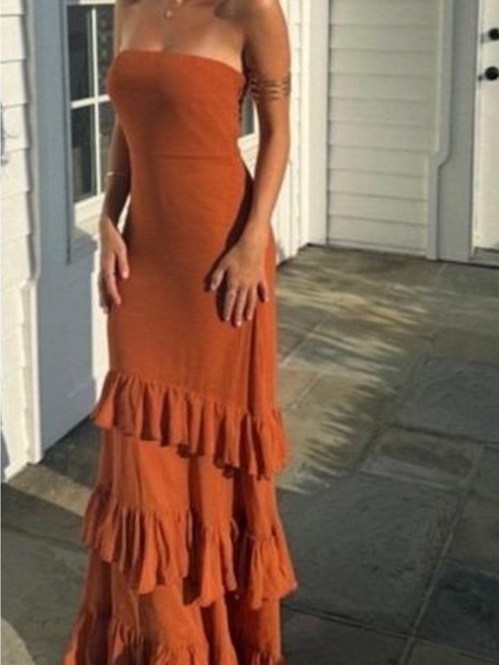 BHLDN Anthropologie Strapless Tiered Ruffle Maxi Dress in Rust Orange Size 10